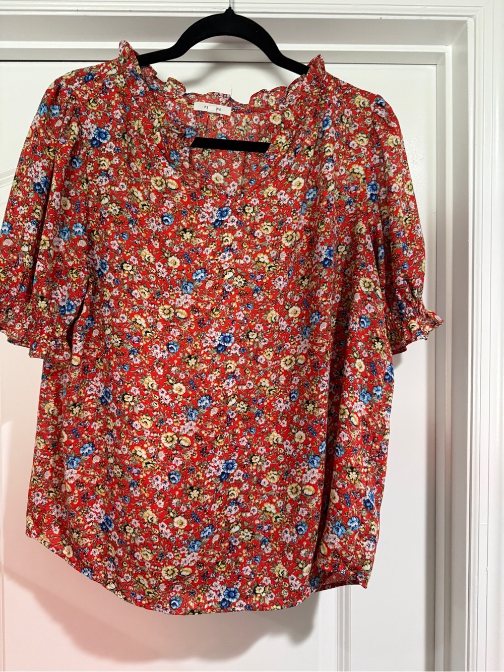 Women's Red Floral Ruffle Neck Blouse